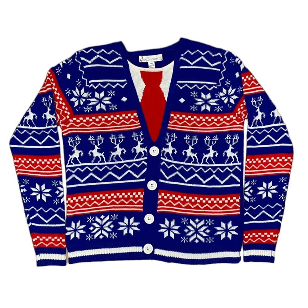 Jolly Sweaters Ugly Christmas Sweater Tie and Cardigan Size Large